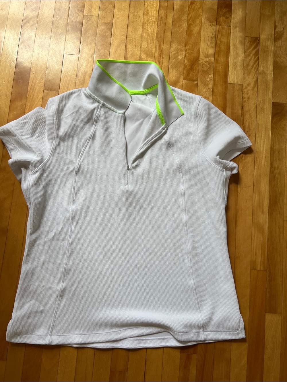 Athleta White Short Sleeve Polo with Neon Green Trim